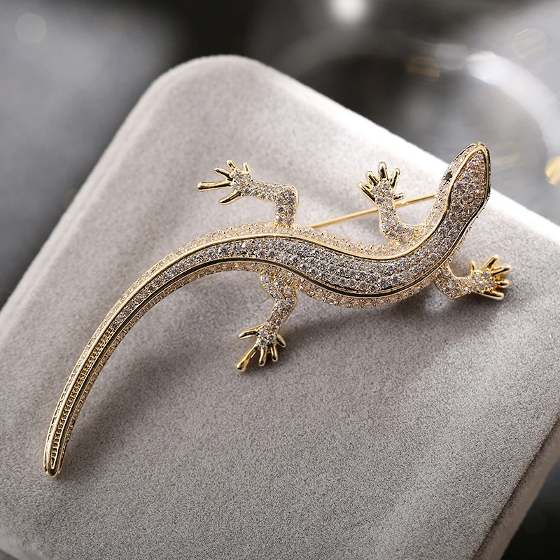 Luxury Crystal Cubic Zirconia Lizard Brooch Salamander Pin Badge Gecko Cute Vintage Jewelry Animal Brooches Pins Christmas Gift