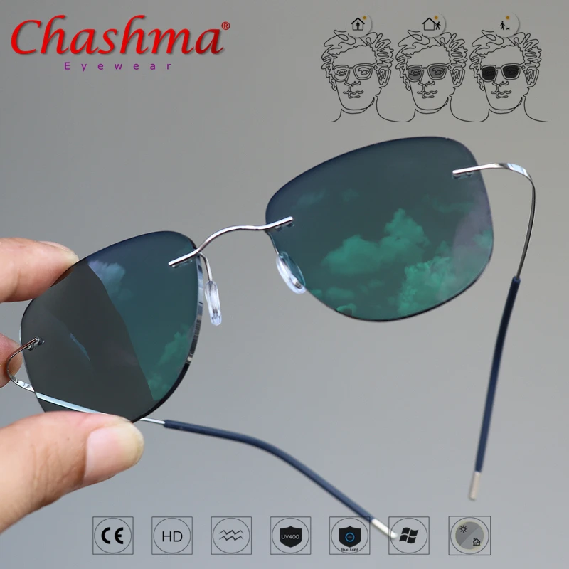 Titanium Transition Aviation Sunglasses Photochromic Reading Glasses Rimless Eyeglasses Men with Diopters