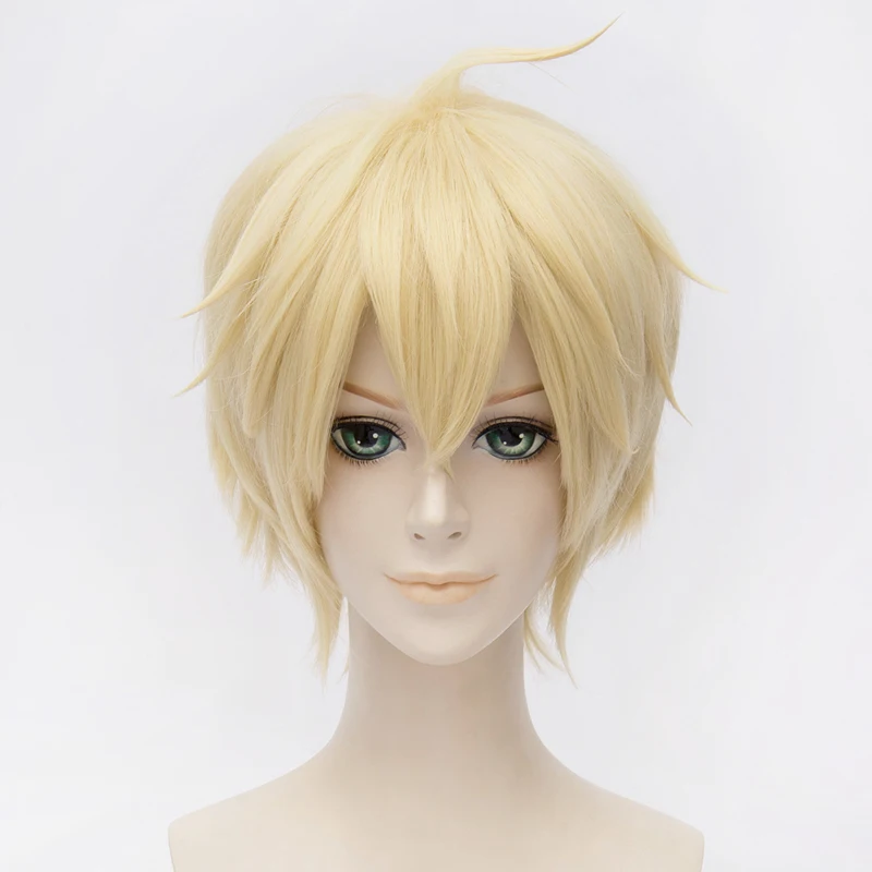 

Anime Seraph of the End Mikaela Hyakuya Wig Cosplay Costume Men Women Short Yellow Synthetic Hair Halloween Party Wigs+ Wig Cap