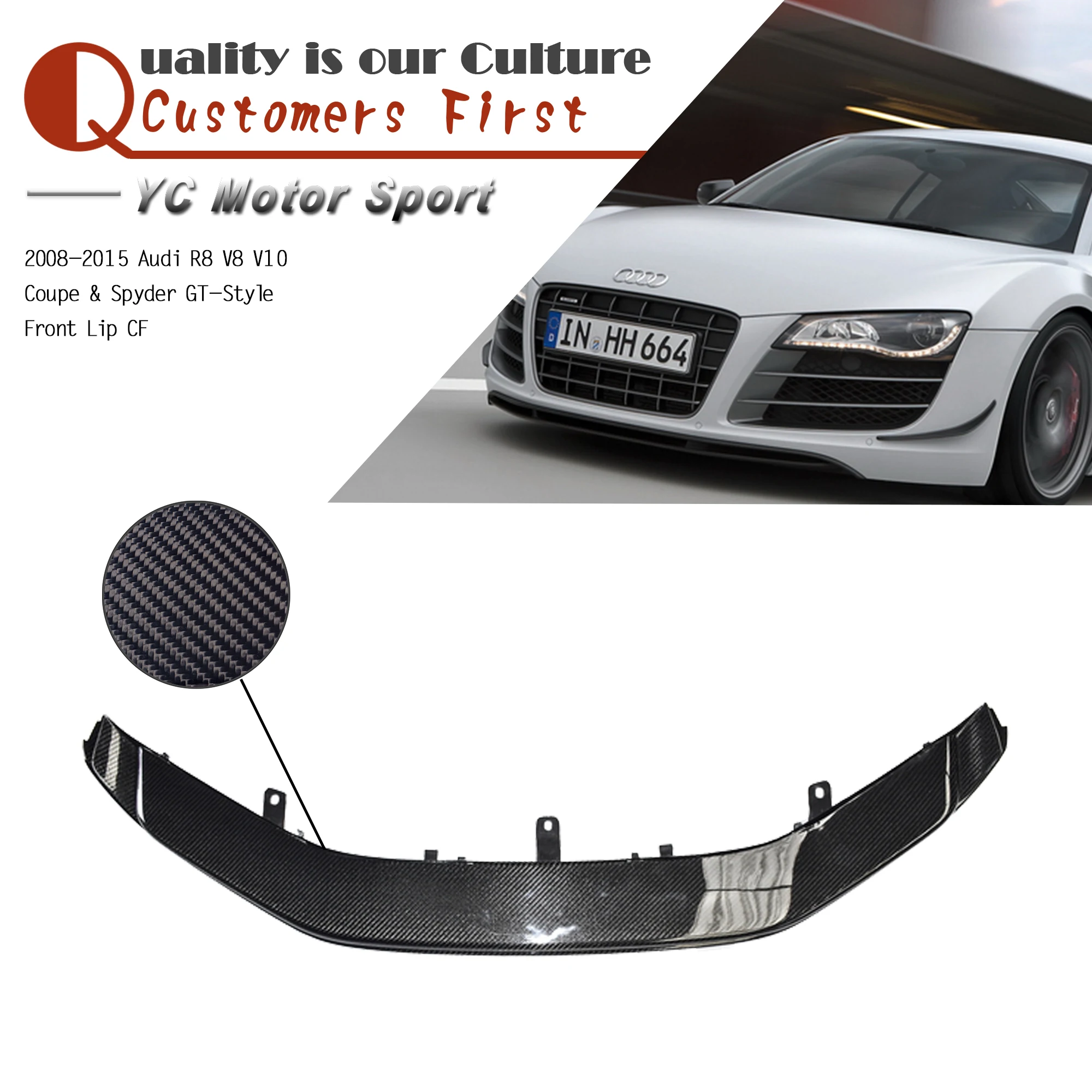 Car Accessories CF Carbon Fiber GT Style Front Lip Fit For 2008-2015 R8 V8 V10 Coupe & Spyder Front Lip