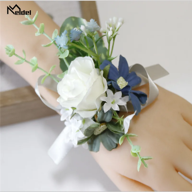 Meldel Artificial Rose Wrist Corsage Wedding Wrist Flowers Party Groom Groomsman Clip-On Artificial Boutonniere Flower Brooch