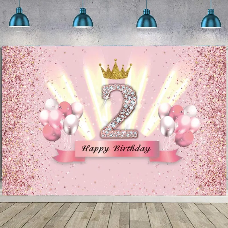 

Sweet 2nd Backdrop Glod Crown Pink Balloon Newborn Girls Two Birthday Party Custom Photo Background Photocall Prop Banner