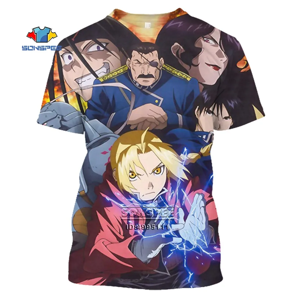 SONSPEE 3D Fullmetal Alchemist Brotherhood Men's T Shirts Casual Harajuku Vintage Anime Edward Elric Tops Mens Tee Shirt Homme