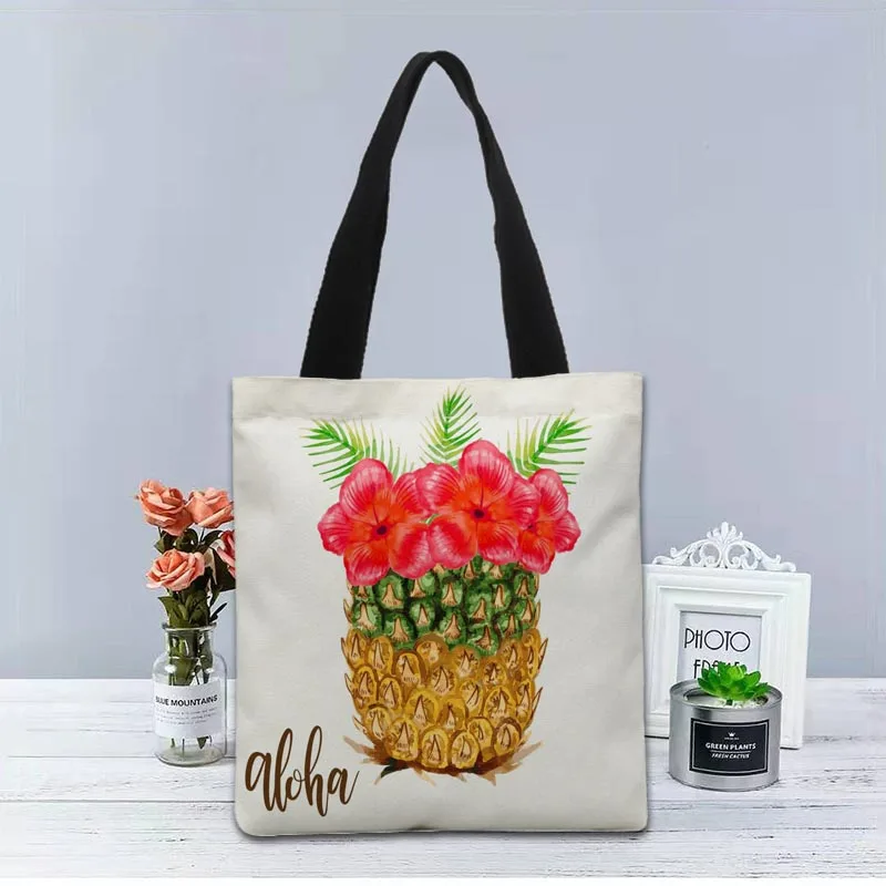 Bolso de mano de piña personalizado, bolso de tela de lona, bolsas de compras impresas de dos lados, bolso de hombro útil informal de viaje 1208