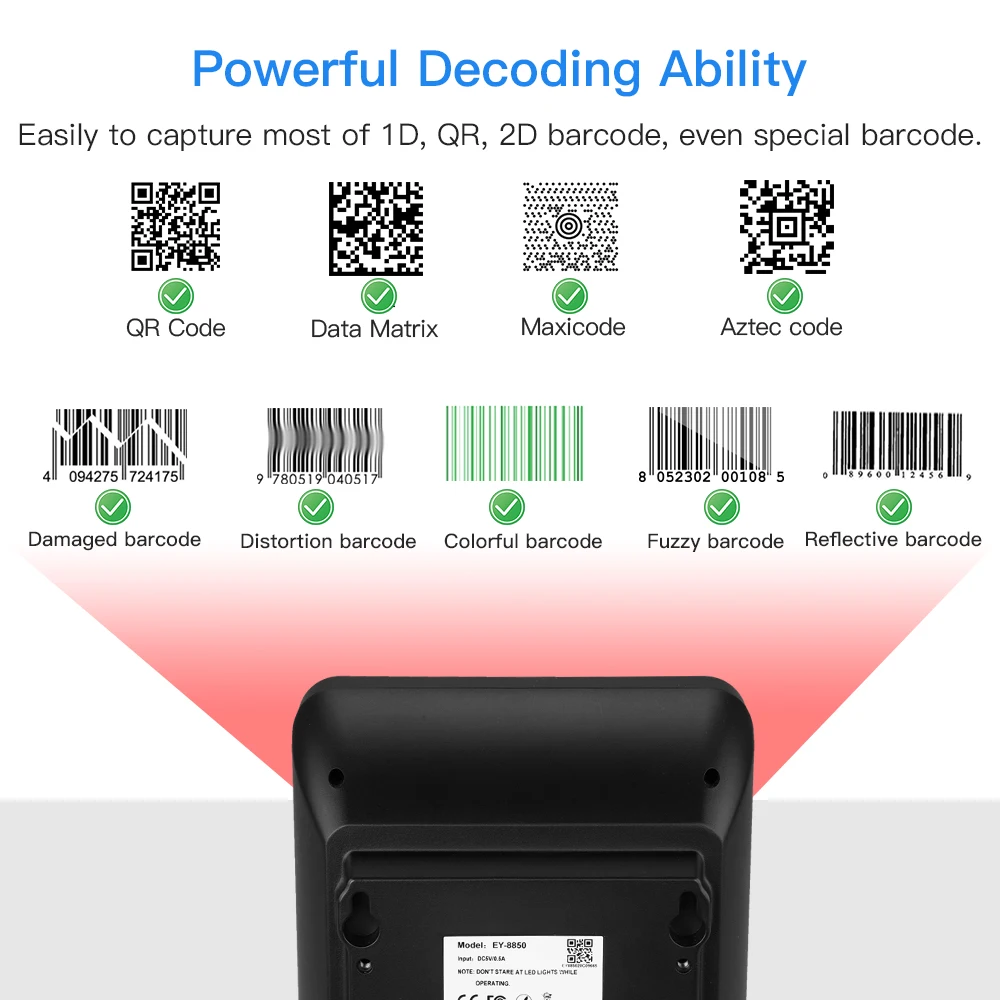 Imagem -04 - Eyoyo Omnidirecional 2d Wired Scanner de Código de Barras Infravermelho Auto-detecção de Digitalização Decodificação Capacidade Hand Grande Desktop Scanner