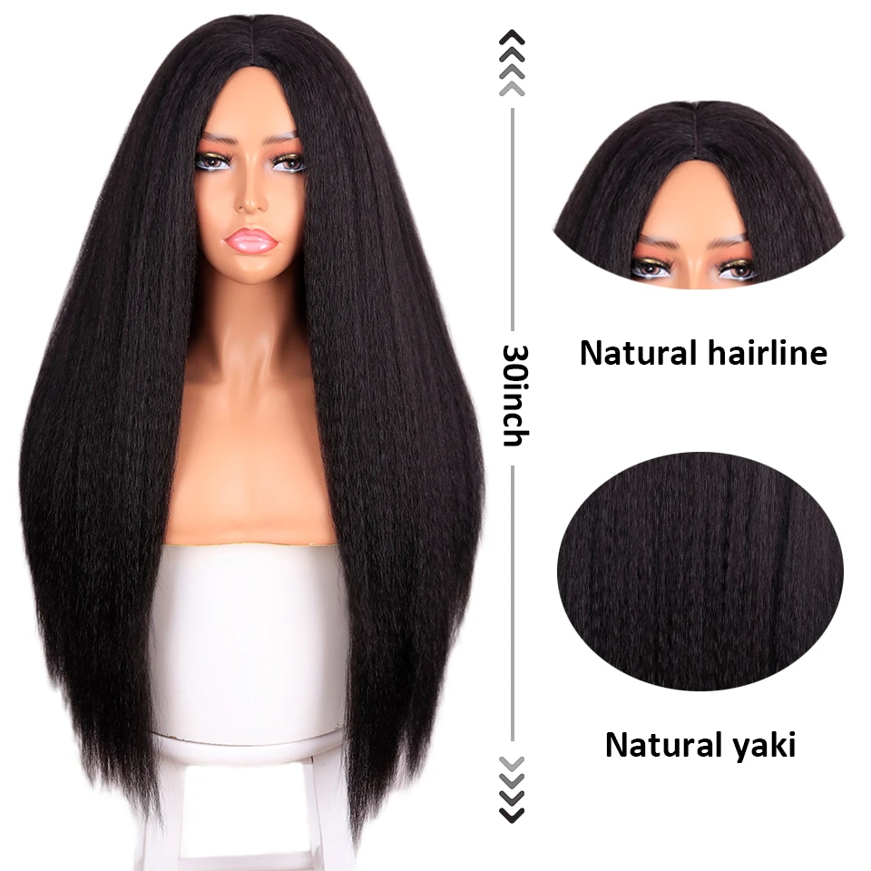 200 Density Glueless Yaki Natural Long Kinky Straight Wigs For Black Women Yaki Straight Wig Hairline with Baby Hair Afro Wigs