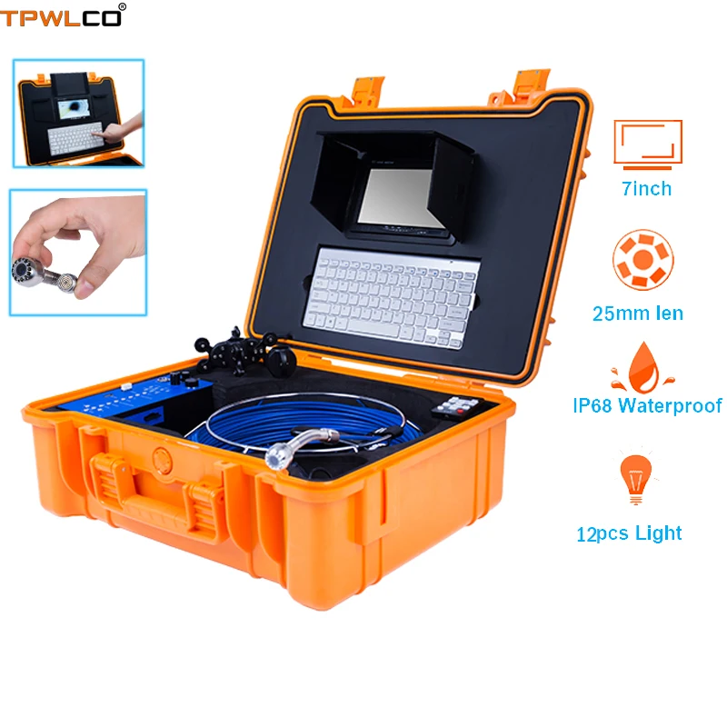 

DVR 25mm Drain Endoscope Video Camera IP68 Waterproof 20m Cable 7inch Monitor Industrial Pipe Inspection System With Keyboard