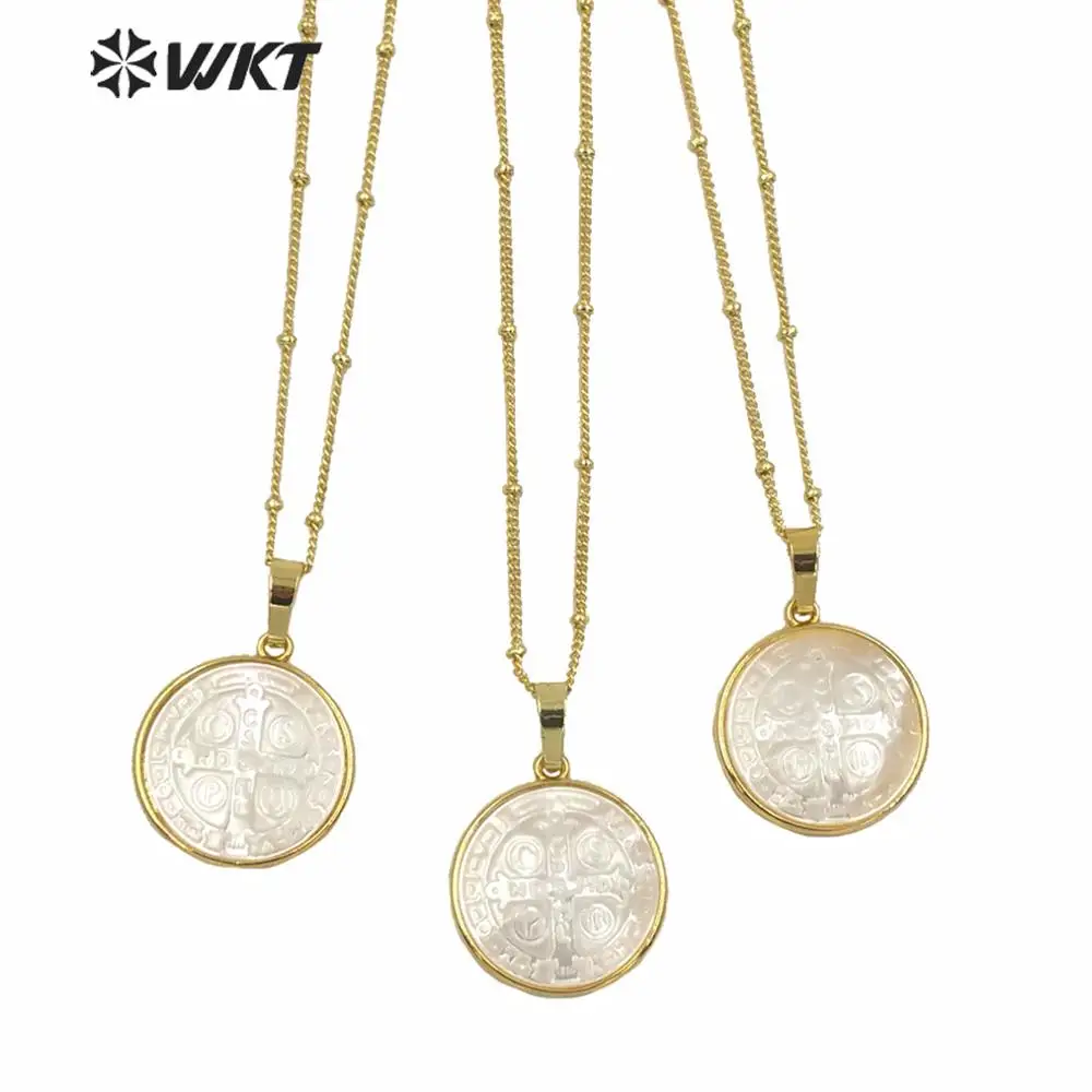 WT-JN127 WKT Women Pendant Necklace Round Shape Cross Shell Bezel 18 Inch Necklace For Jewelry Gift