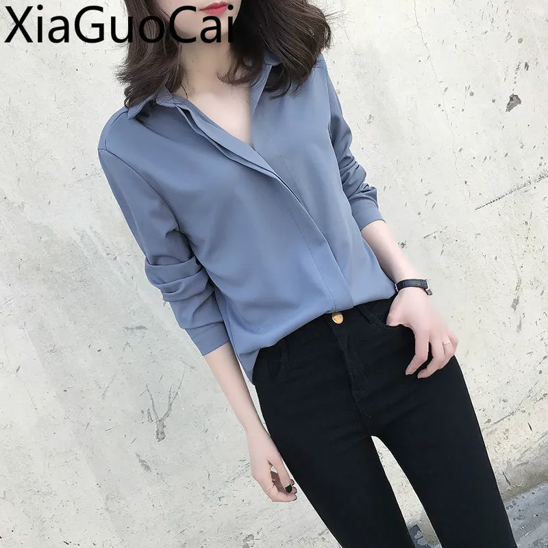 Chemisier en mousseline à manches longues pour femmes, chemises à col en V pour dames, chemises solides pour documents, grande taille, 3XL, 4XL,
