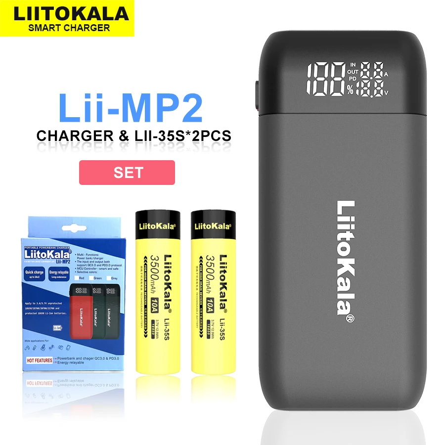 LiitoKala Lii-MP2 18650 21700 ładowarka i Power Bank QC3.0 cyfrowy wyświetlacz wejścia/wyjścia. + 2 szt. Akumulator