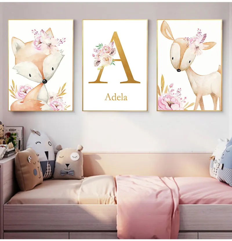 Flowers Poster Nordic Wall Pictures Girl Baby Room Decor Woodland Animal Print Nursery Canvas Painting Custom Name Wall Art Pink