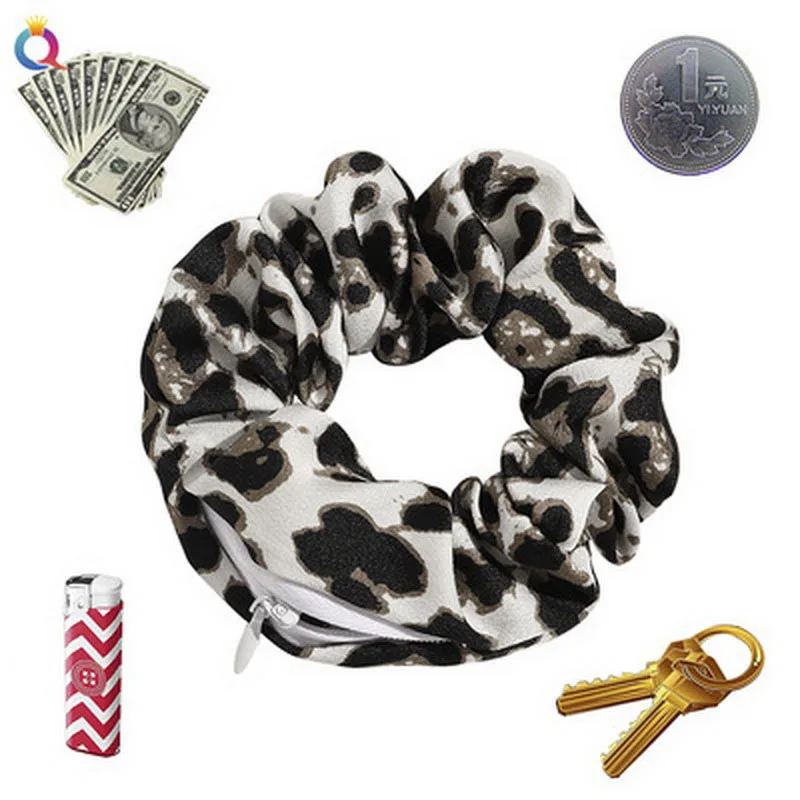 2021 Women Satin Zip Scrunchies Elastic Velvet Hairbands Leopard Crunchy Hair Ties Pocket Scrunchie Holder With Zipper Headwear