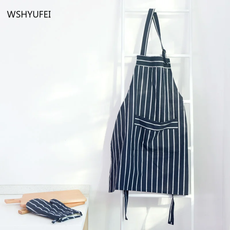 Nordic household baking apron anti-fouling cleaning heat insulation anti-scalding Korean blue striped apron gloves durable