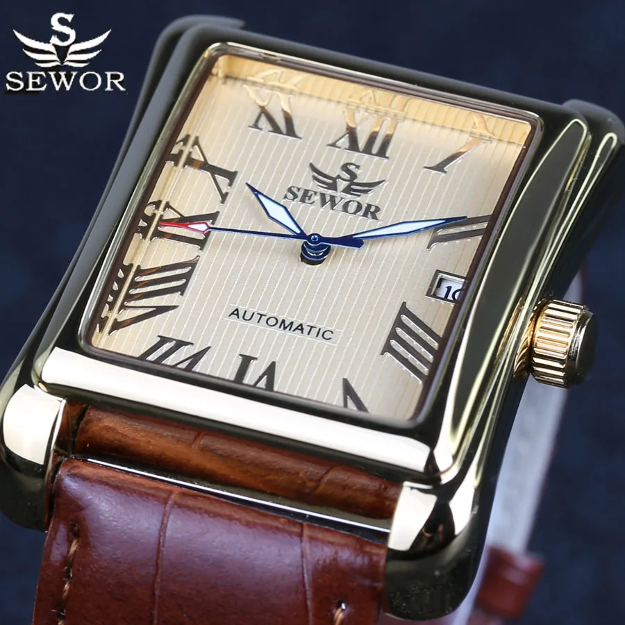 SEWOR Watch Fashion Rectangle Watches Men Automatic Mechanical Wristwatches Roman Display Casual Men Watches Reloj Hombre 2020