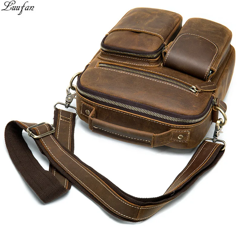 Men's Crazy horse leather shoulder bag Zip around cowhide casual tote Vintage crossbody bag iPad Real leather messenger bag