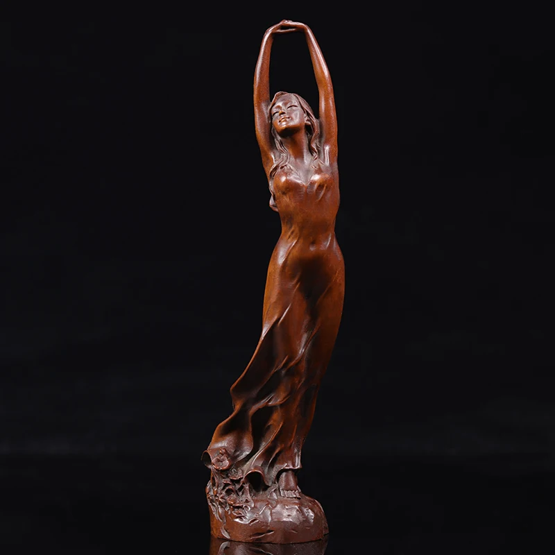 

XS332- 23x7x5 CM Beautiful Girl and Deer Boxwood Sculpture Beauty Female Wood Carving Statue Collection Ornaments