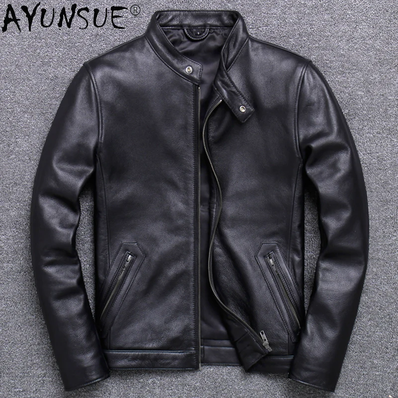 

AYUNSUE 2021 Autumn Genuine Cowhide Leather Jacket Male Sheepskin Leather Jackets New Black Thin Men's Clothing Jaquetas Gmm35