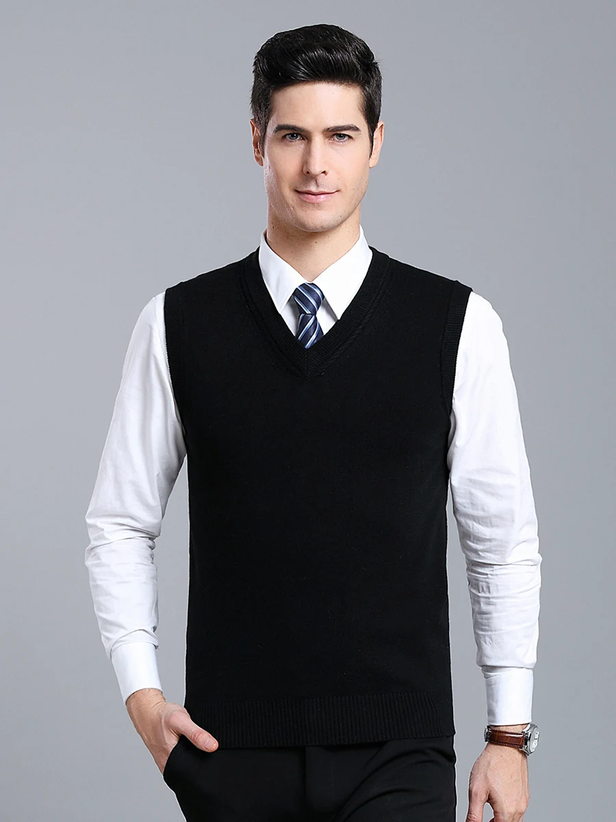 

Men's Spring Autumn V-Neck Solid Color Basic Knitted Vest Sweater Pullover Warm Slim Fit Wool Sweater