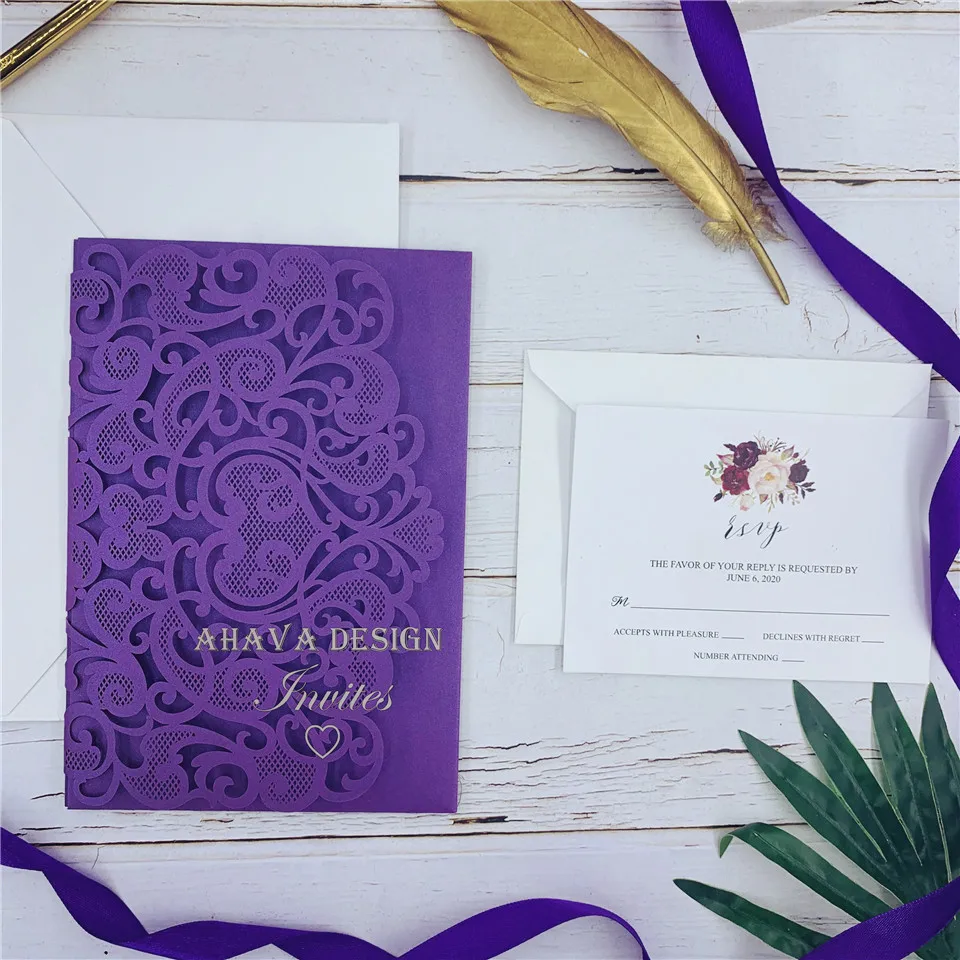 Purple Laser Cut Wedding Invitation With Customized RSVP Card