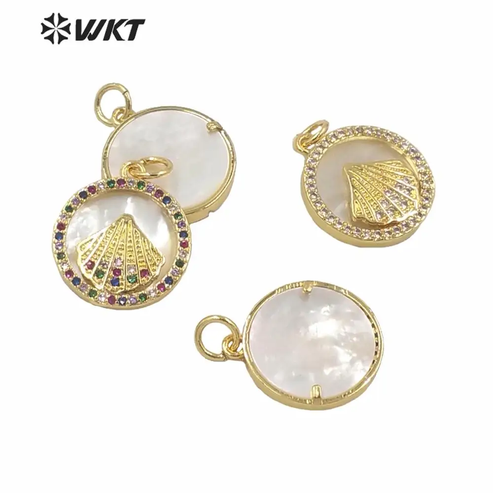 MP166 China supplier wholesale gold color jewelry pendant scallop shell pendant with cubic zircon paved white shell charm