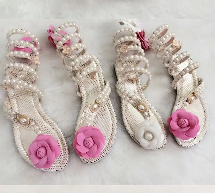 Woman Sandals Women Shoes Rhinestones Chains Thong Gladiator Flat Sandals Crystal Chaussure Pearl and diamond flats