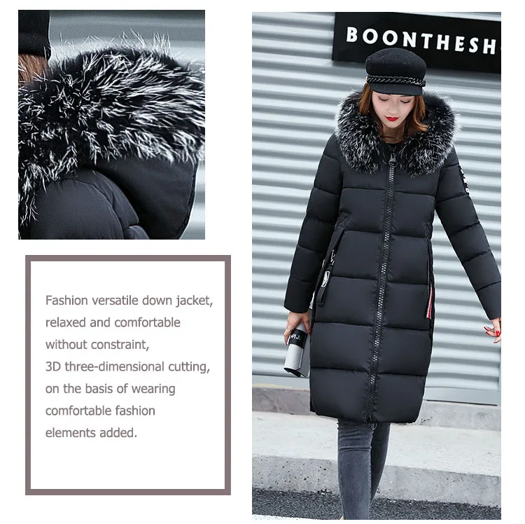 2025 Women's Down Parkas Winter Jacket Big Fur Collar Thick Slim Coat Fashion Hooded Cotton Outerwear Long Winter Woman Coat