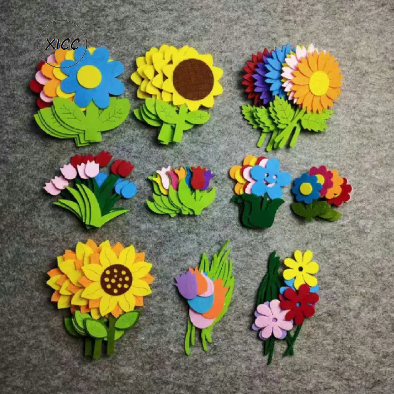 T-N Non-woven Felt Fabric Flower Wall Stickers Tulips Sun Flower Smile Face Kindergarten School Classroom Kids Handmade DIY Toys