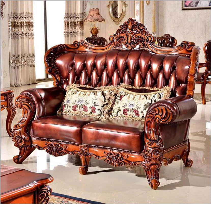 High Quality  European  Antique Living Room Sofa Furniture Genuine Leather Set o1068