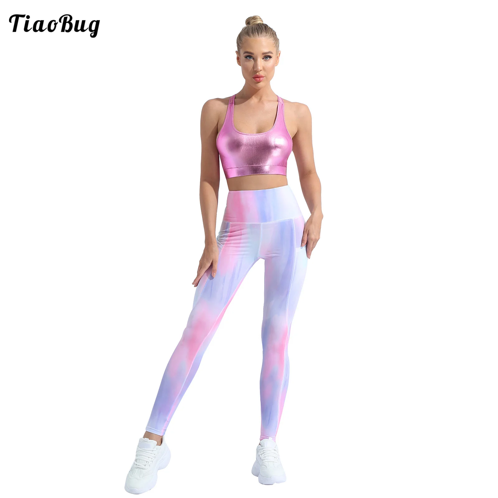 

Summer Women Print Yoga Clothes Set Sleeveless Round Neckline Mesh Racer Back Without Padded Crop Top And Legging Sport Suit