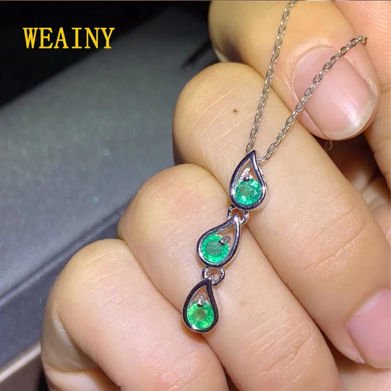 

WEAINY Natural Emerald Pendant, S925 Sterling Silver Ladies Emerald Necklace，Women's Popular Simple Personality Jewelry