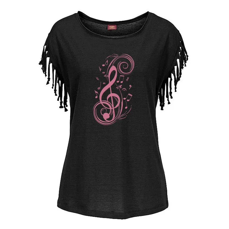 New Fashion Women Musical Note graphic Print Women Cotton Tassel Casual T-shirt Women\'s Tees Short Sleeve O-neck Femme t shirt