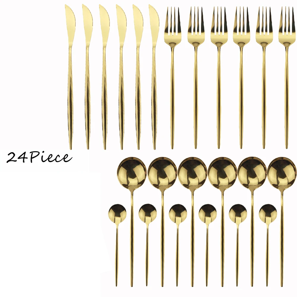 

24pcs/Set Gold Dinnerware Set Knife Fork Spoon Tableware Set Stainless Steel Flatware Silverware Cutlery SetDishwasher Safe