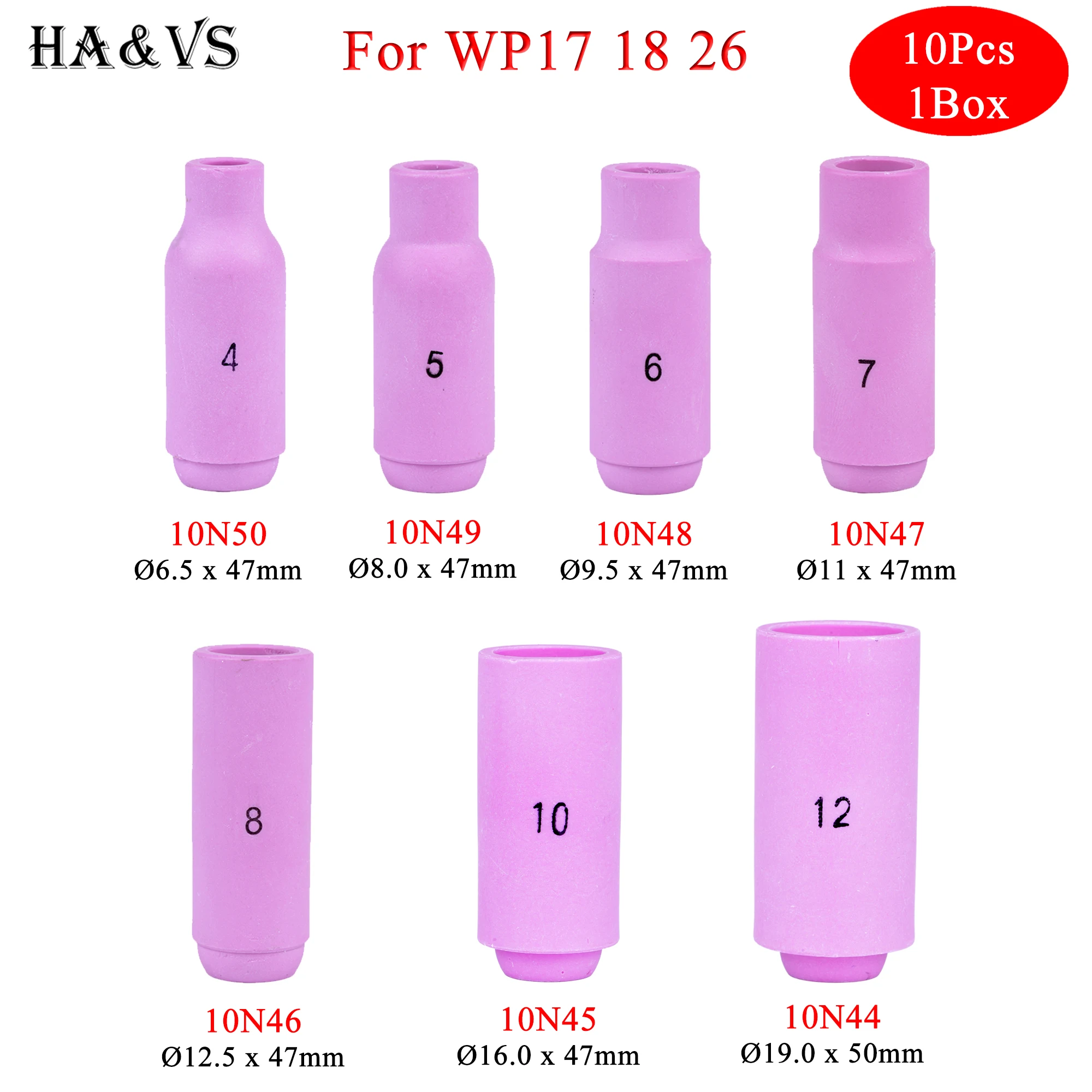 10 peças por caixa 50mm 10n44 47mm 10n45 10n46 10n47 10n48 10n49 10n50 bicos de alumina para tig wp17 18 26 acessórios de tocha de soldagem