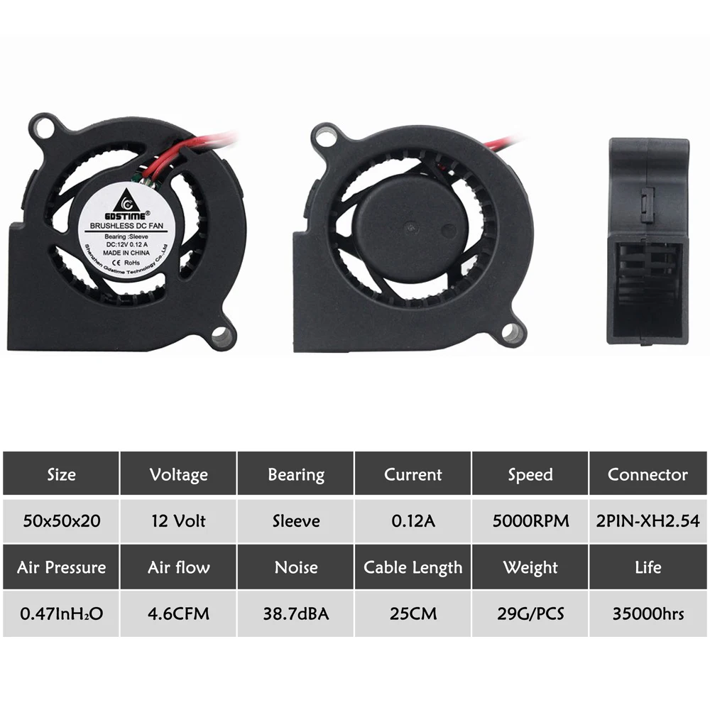 Охлаждающий вентилятор Gdstime 50 мм 5020, 50*50*20, 12 В, 2 контакта, 5 см, для 3D-принтера