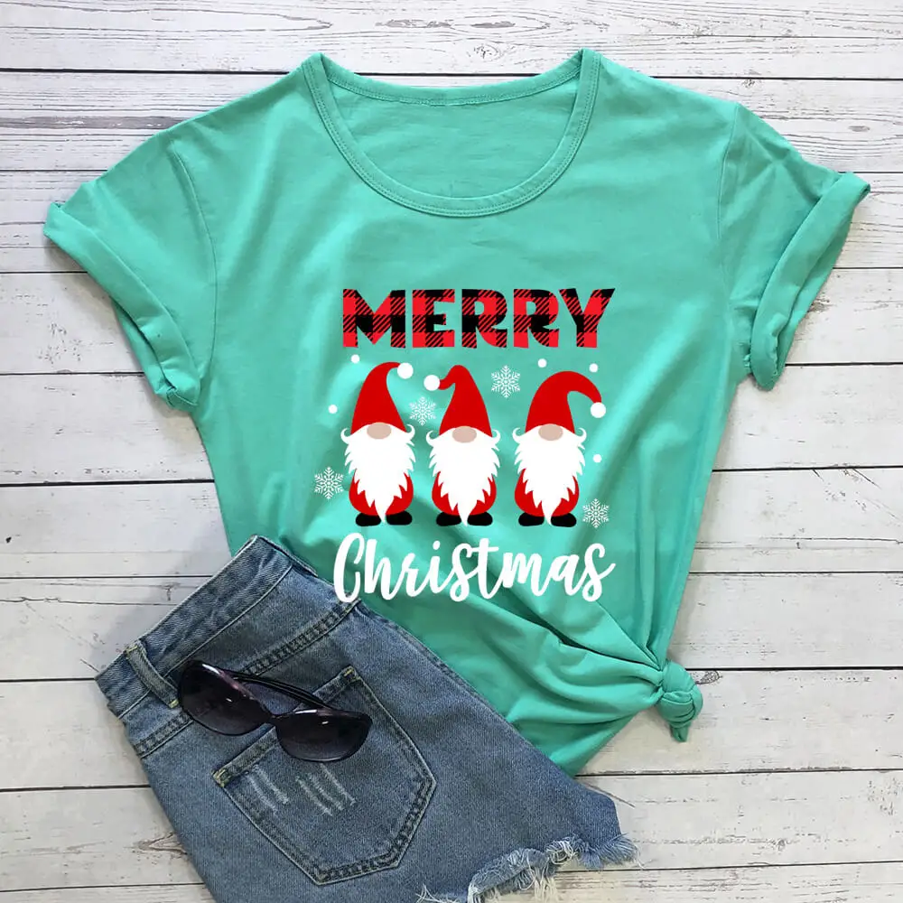 

Merry Christmas Cute Gnomes Graphic Funny Christmas Shrit New Arrival Casual 100%Cotton Funny T Shirt Gift for Christmas