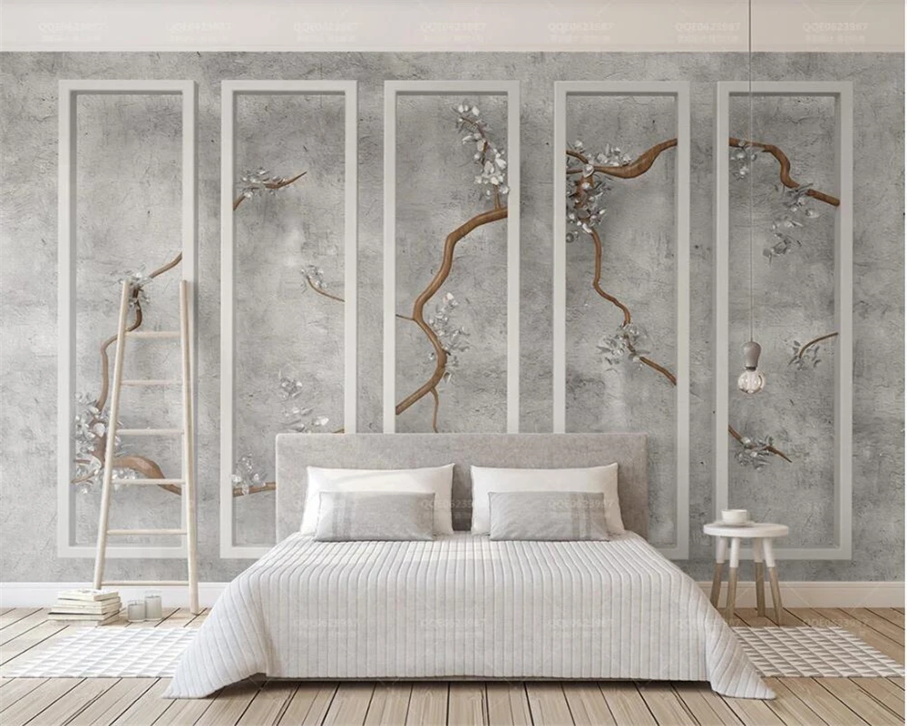 

beibehang Customized modern gray cement wall frame tree branch flower 3d TV background papel de parede wallpaper