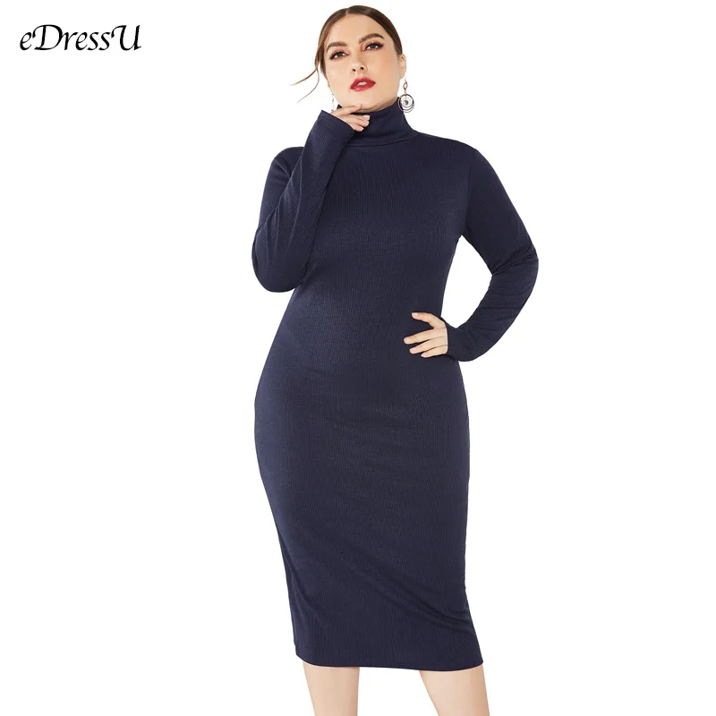 2021 Knit Dress Plus Size Women Autumn Winter Dress Turtleneck Sweater Dress High Quality Dark Blue Office Daily Dress LMT-8006