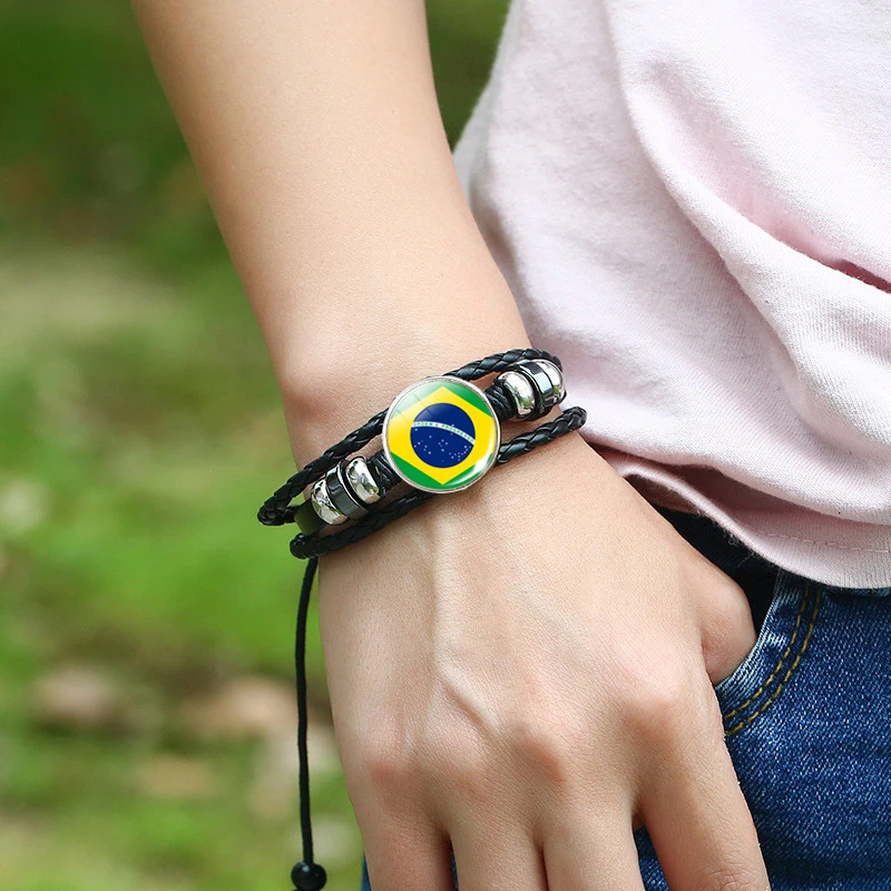 Soccer Bracelet Glass Cabochon World Countries Flag Leather Braided Bracelets Jewelry National Flag Football Gift Dropshipping