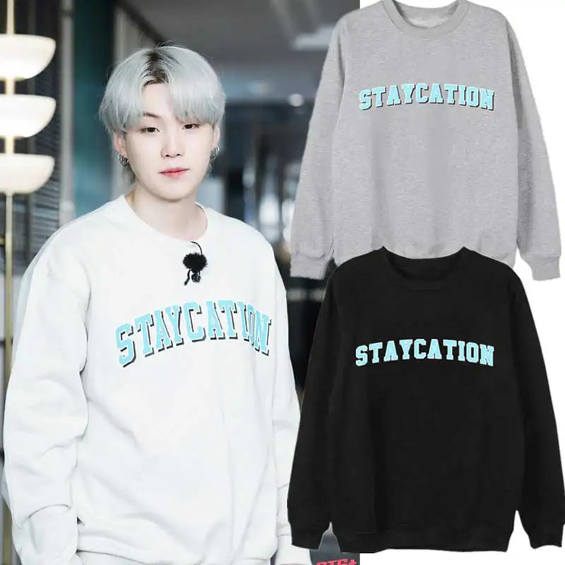 Fashion Streetwear SUGA Staycation Printing Pullover Sweater Kpop Fans Harajuku Hoodie Aesthetic for Women\'s Men\'s Clothing