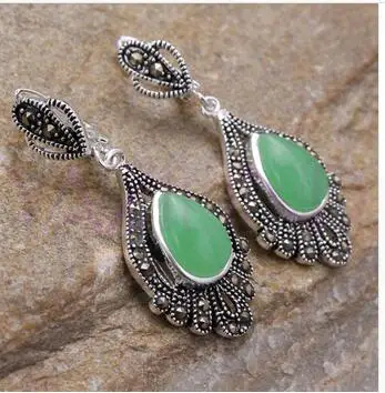 

HANDMADE VINTAGE NATURAL GREEN JADE STE 925 SILVER bead Marcasite silver dangle coral Earring jewelry women