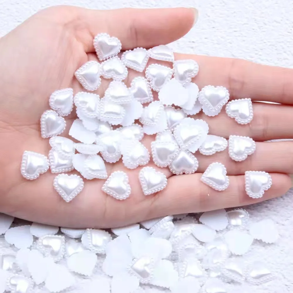 100pcs 12mm White/Ivory Acrylic Heart Pearls Flatbacks Cabochons Embellishments DIY Wedding Decorations Crafts