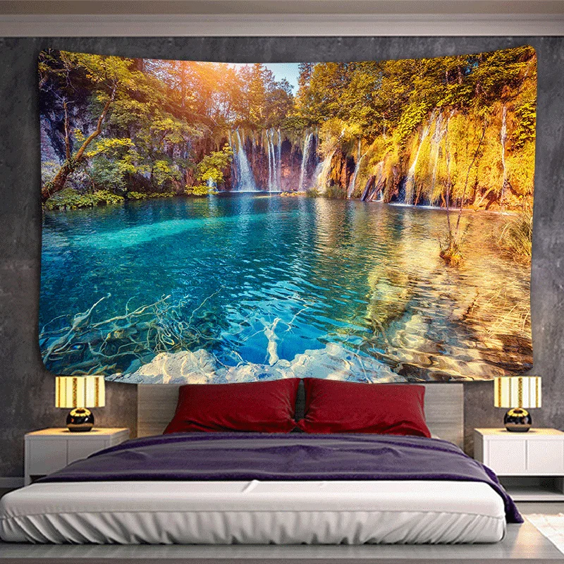 Waterfall Tapestry Hippie Forest Lake Mountain Wall Hanging Large Landscape Tapestries Cloth Ceiling Art Background Room Decor