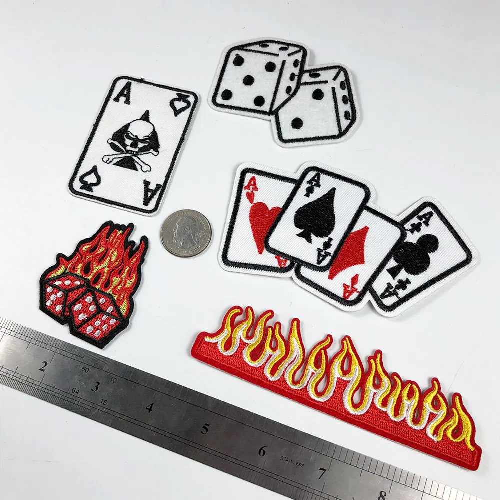 Punk style Gambling Game Pokers Patches DIY Decoration Clothes Stickers 3D Embroidery Patches Fire Dice Appliques for Clothing