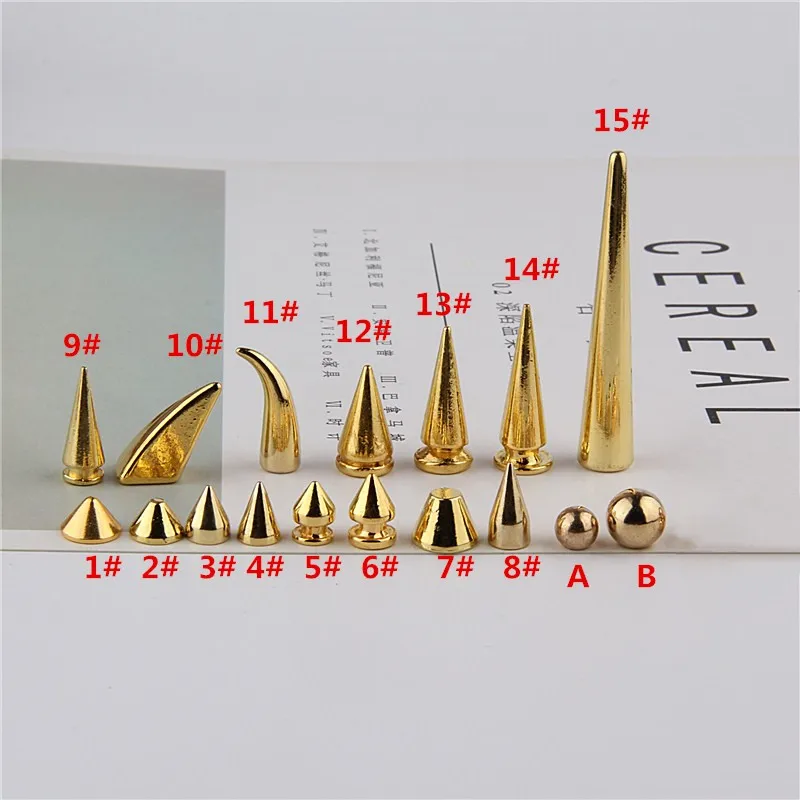 All Kinds of Gold Metal Screwback Cone Studs Bullet Spike Stud Punk Bag Belt Shoes Clothes Leathercraft Cone Rivet DIY