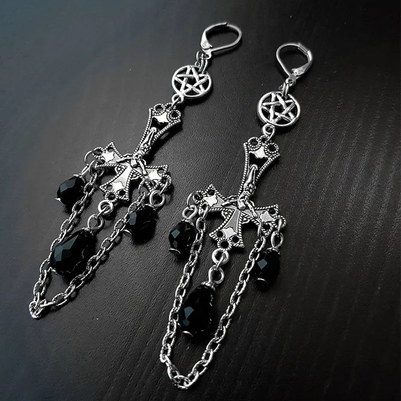 Inverted Crucifix earrings with black glass crystal teardrops. Classic gothic dangling ornamental satanic earrings