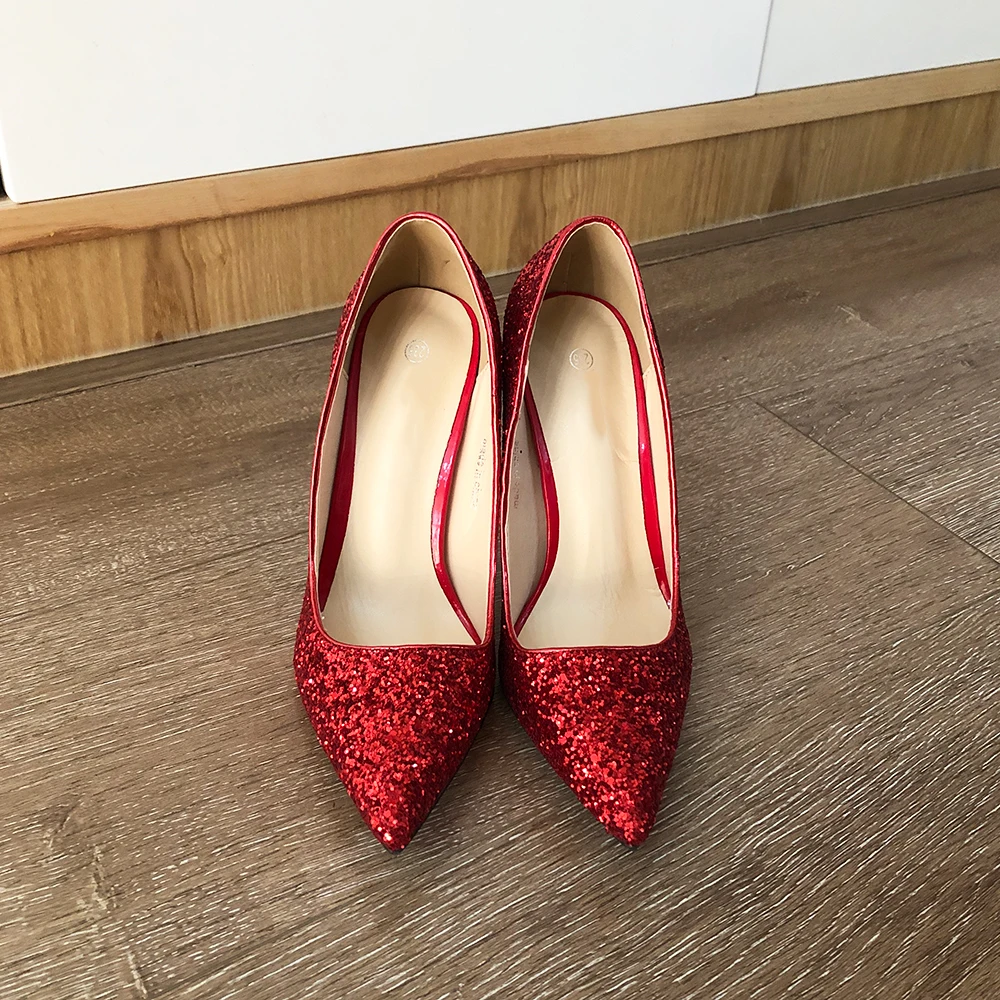 Veowalk Glitter Red Sequins Women 11cm High Heel Stiletto Pumps Pointed Toe Slip On Ladies Party Dress Shoes Plus Size 35-46