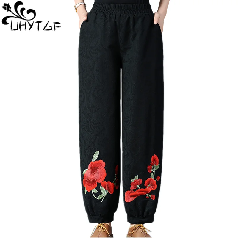 UHYTGF Elegant women spring autumn pants fashion National style wide-leg pants high waist Sweatpants women big size bloomers856