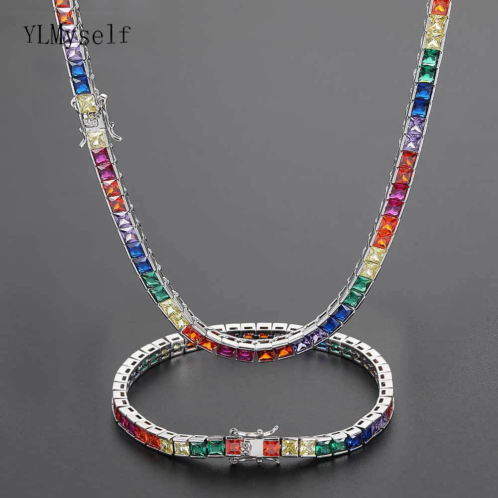 16-24 Inch Necklace & 7-9 Inch Bracelet Men/Women Hip Hop Jewelry 4mm Square Rainbow Zircon Tennis Chain