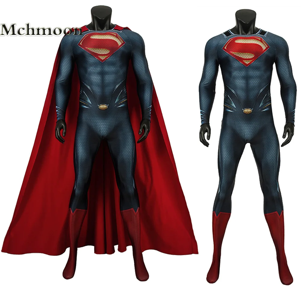 

Adult Superhero Clark Jumpsuit Halloween Cosplay Steel Of Man Costume Kent Bodysuit Printing Zentai Red Cloak