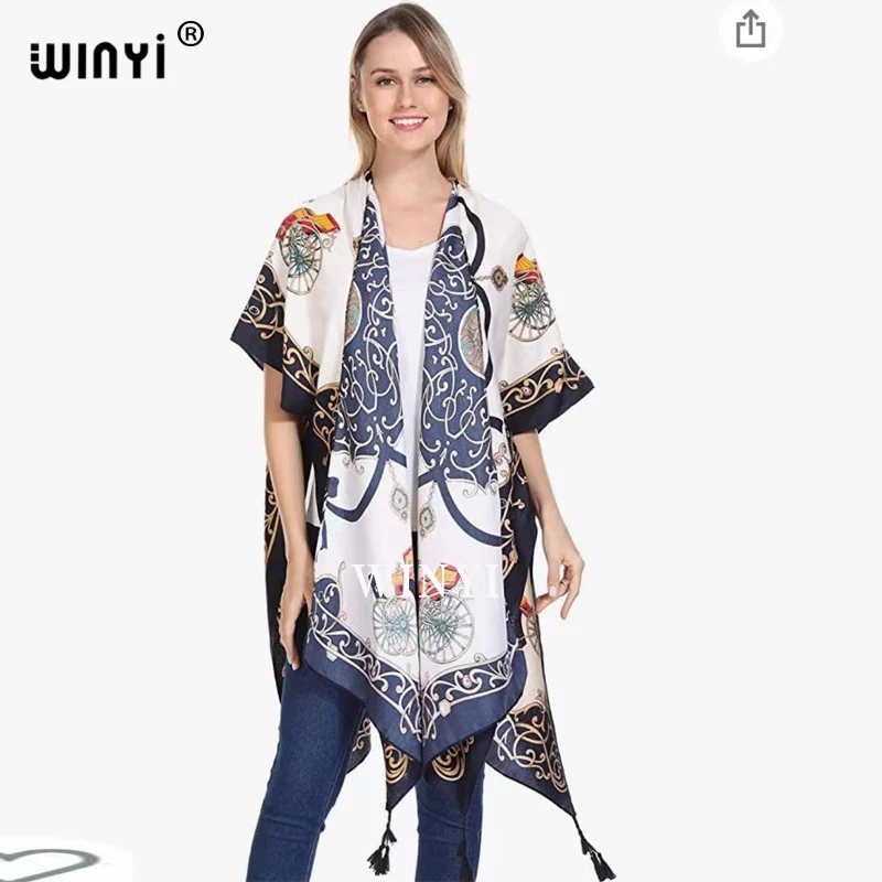 2021 WINYI Cotton Bikini Sweet Lady Pink Boho Print Self Belted Front Open Kimono Dress Beach Tunic Women Wrap MAXI Dresses